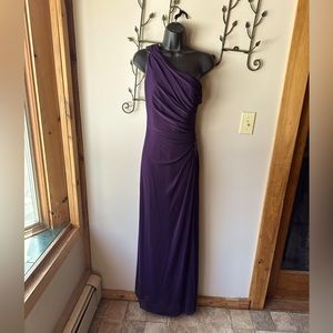 David’s Bridal one shoulder runched and beaded gown.